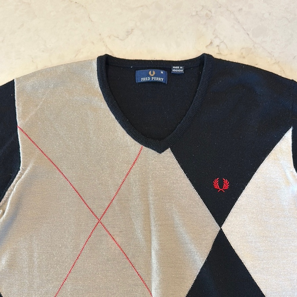 Fred Perry Black and Cream V-Neck Sweater - Picture 2 of 5